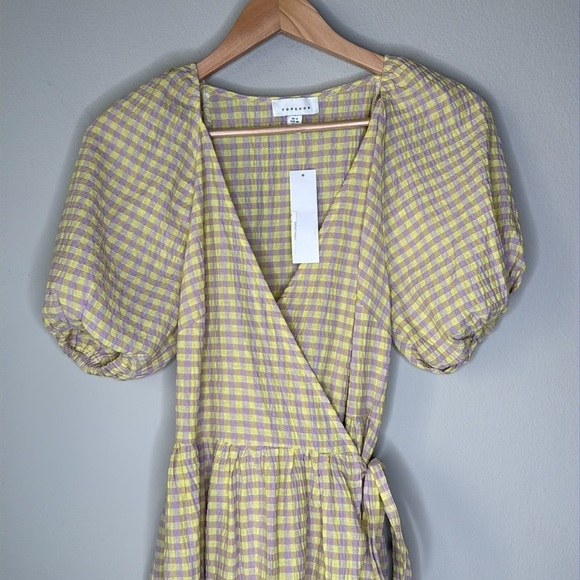 Topshop Seersucker Checker Print Midi Wrap Dress in Purple & Yellow Size 8 NWT - Picture 4 of 10